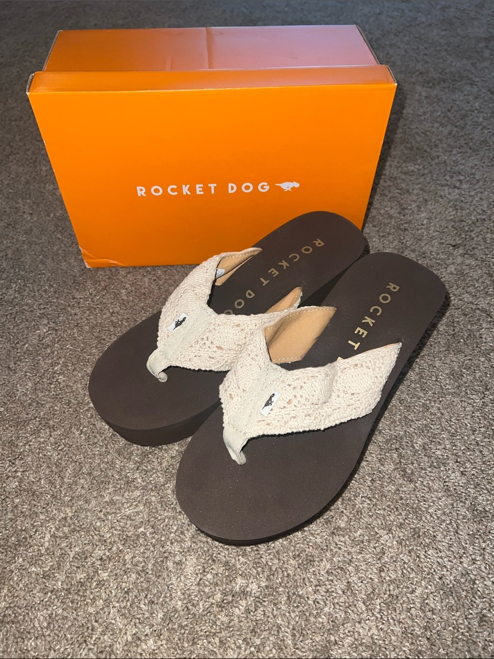 Rocket Dog Beige Crochet Flip-Flop Wedge Sandals